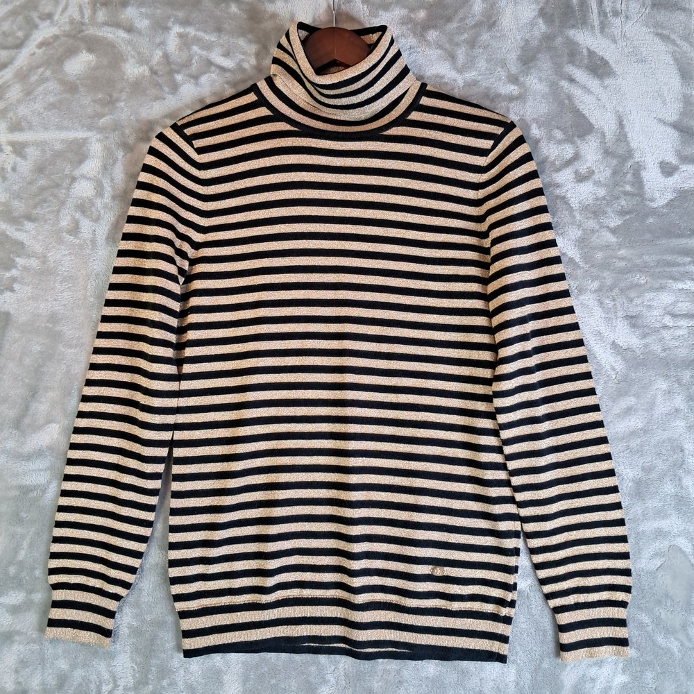 Lauren Ralph Lauren Sweater L Black Gold Metallic Striped Turtleneck LRL Logo
